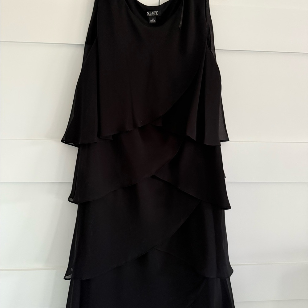 SLNY Black Sheath Dress with Tiered Ruffles
